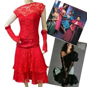 80s prom dress VINTAGE 1980s } Red lace satin midi prom party dress S M